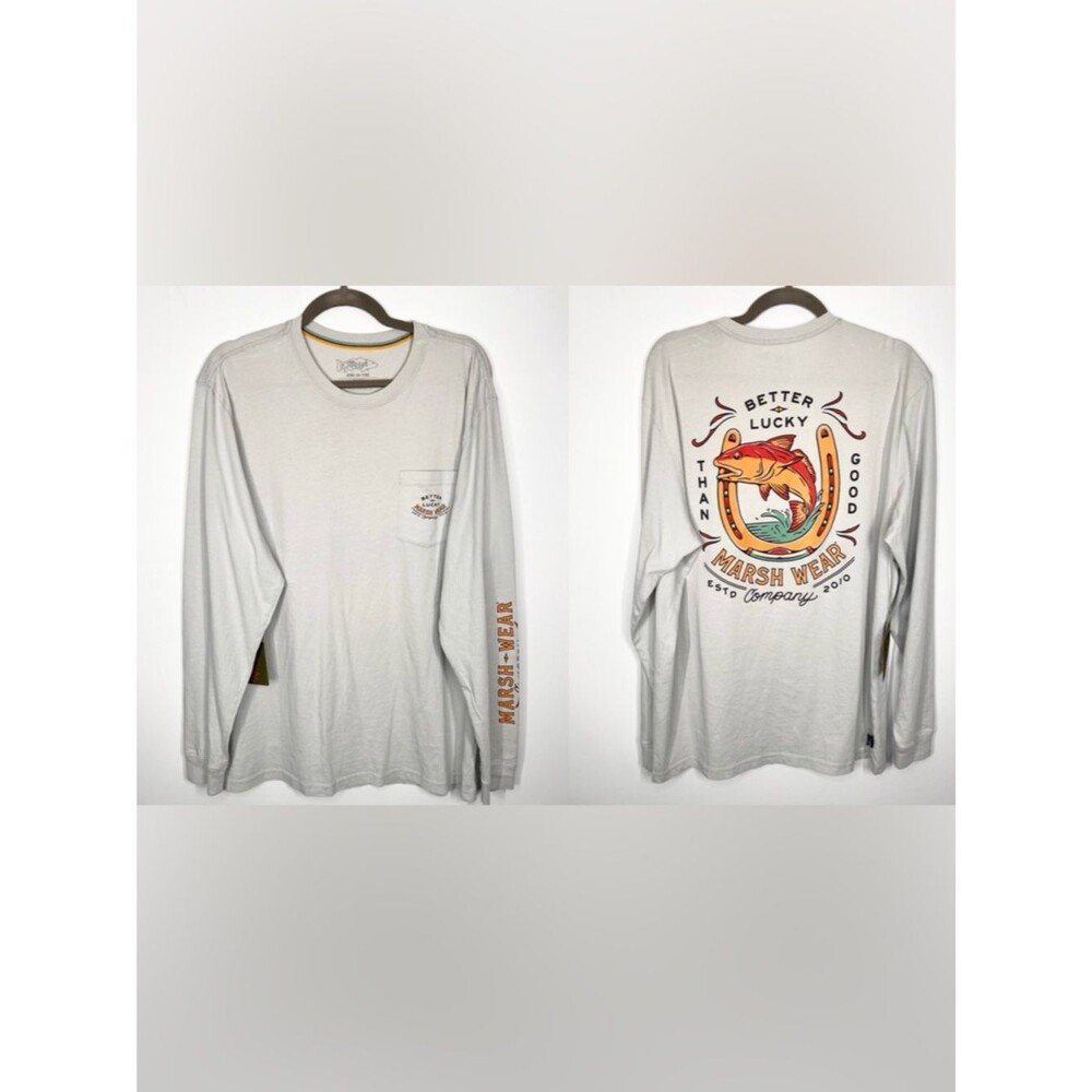 NWT Marsh Wear “Better Lucky Than Good” Silver Long Sleeve Fishing T Shirt Large